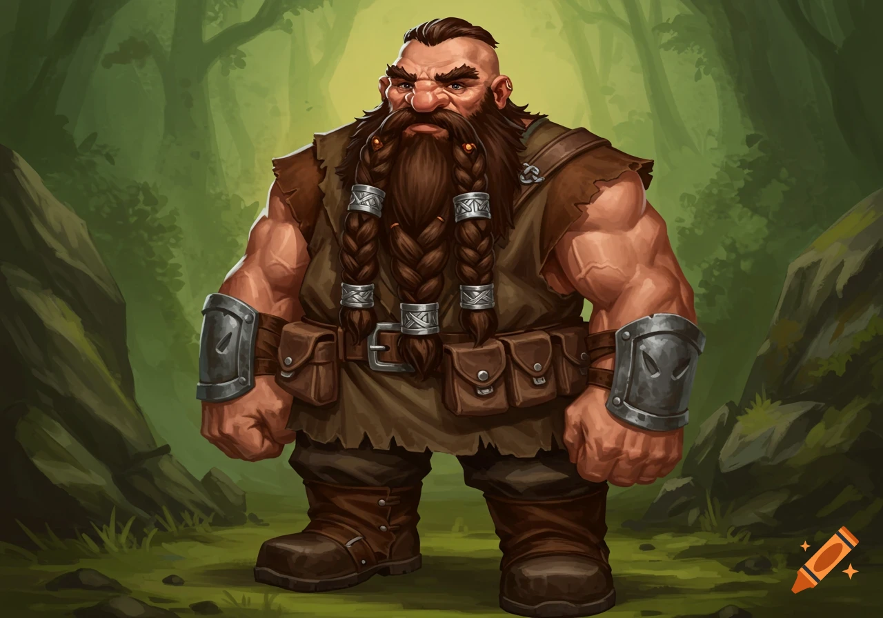 A muscular, bearded fantasy dwarf with braided hair and armbands stands in a forest, depicted in a stylized digital painting.