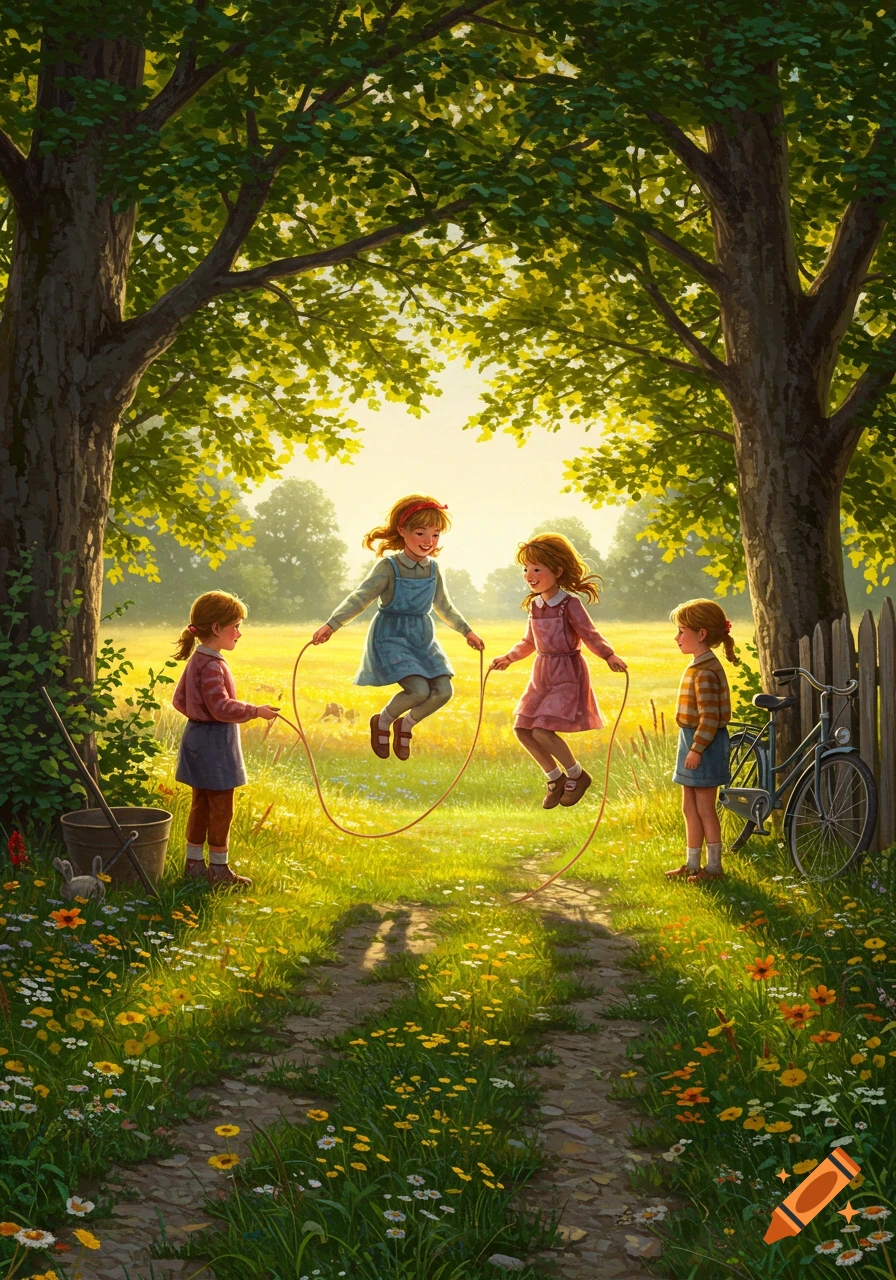Four young girls play jump rope in a sunny, lush green field surrounded by trees and wildflowers, in an idyllic illustration style.