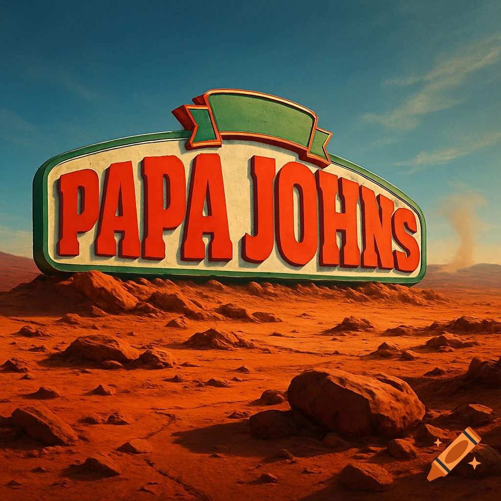 A large Papa John's logo stands on a rocky, reddish Martian landscape under a blue sky.