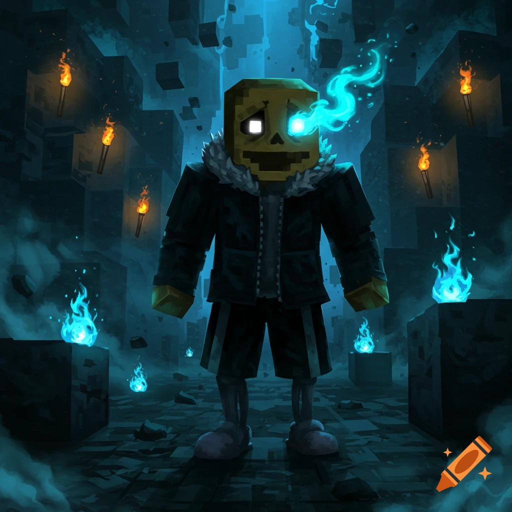 A blocky character, a fusion of Herobrine and Sans, stands in a dark, blocky environment with torches and blue flames.