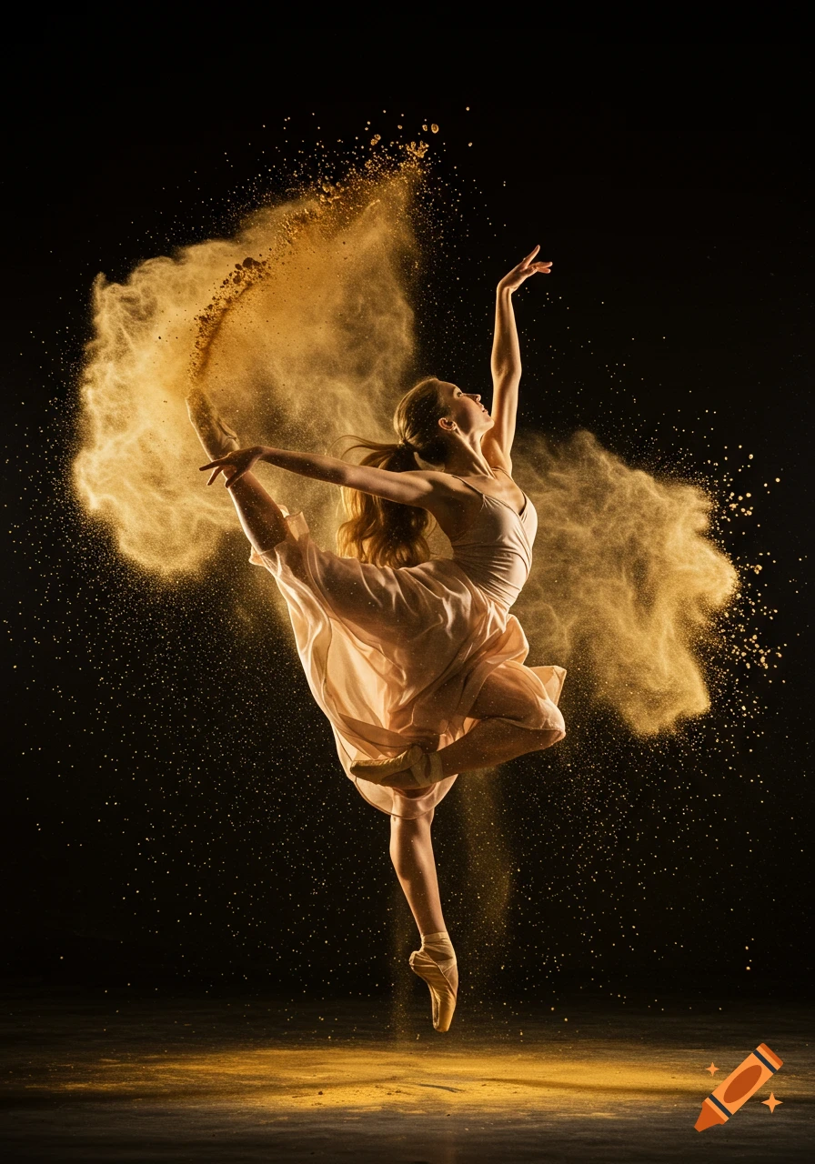 A graceful ballet dancer mid-jump split, enveloped in a cloud of golden powder against a dark background.