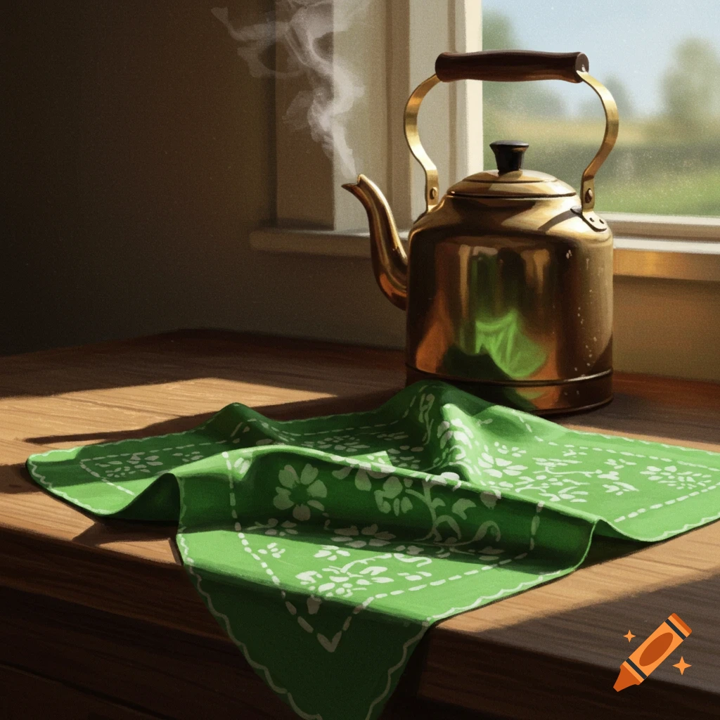 A brass kettle steams on a sunlit wooden counter beside a green patterned handkerchief, overlooking a bright window.