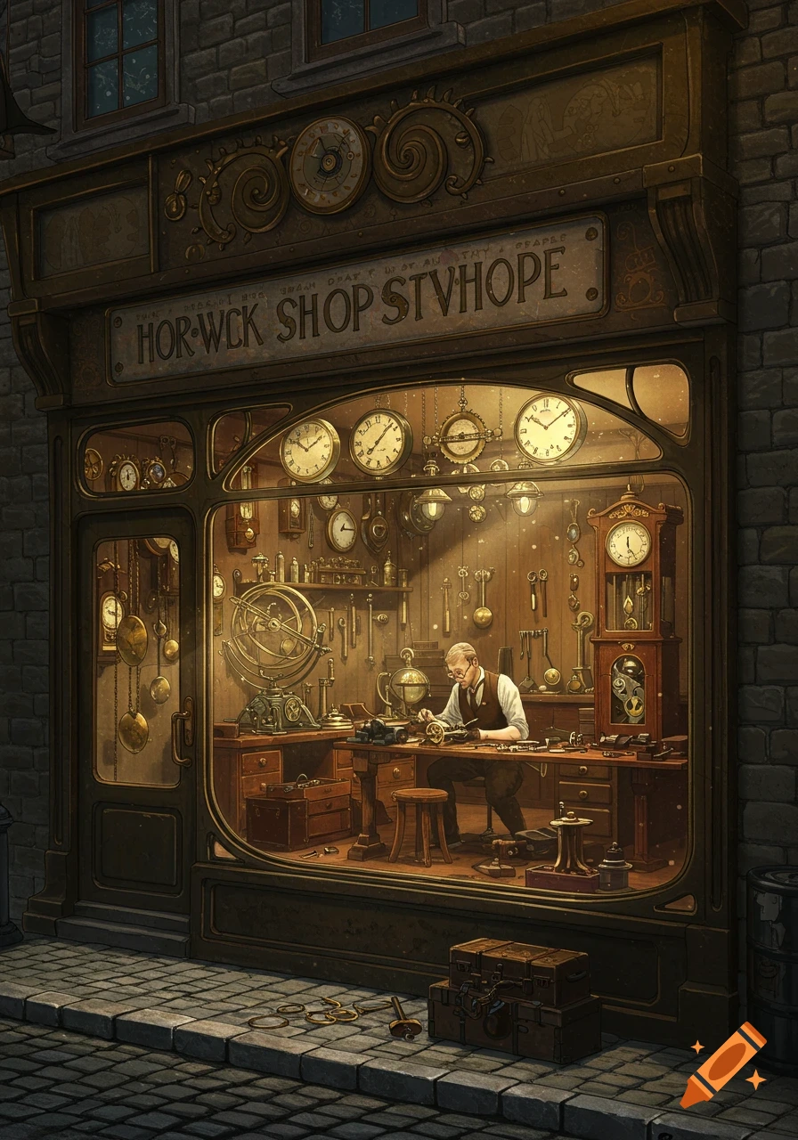 A vintage clock repair shop with a horologist working at a cluttered workbench, seen through a large window at dusk.