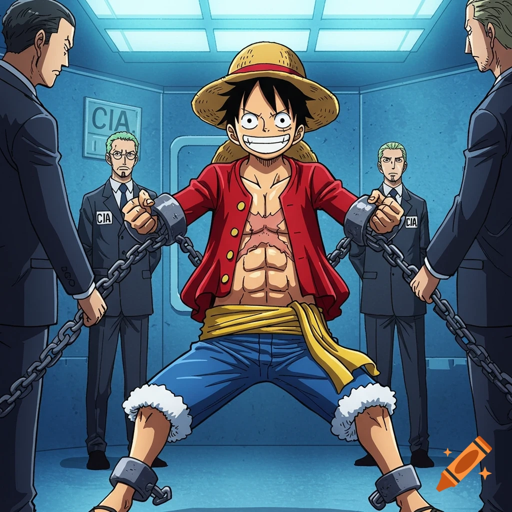 Anime style image of Monkey D. Luffy in chains, held by two men in suits with CIA badges in a blue-lit room.