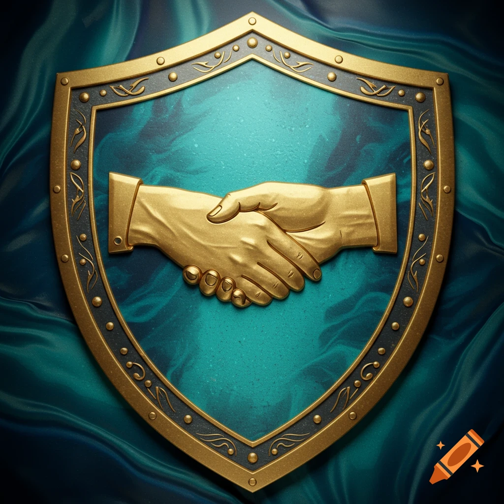 A golden shield featuring a gold handshake emblem, set against a rich teal and blue draped fabric background.