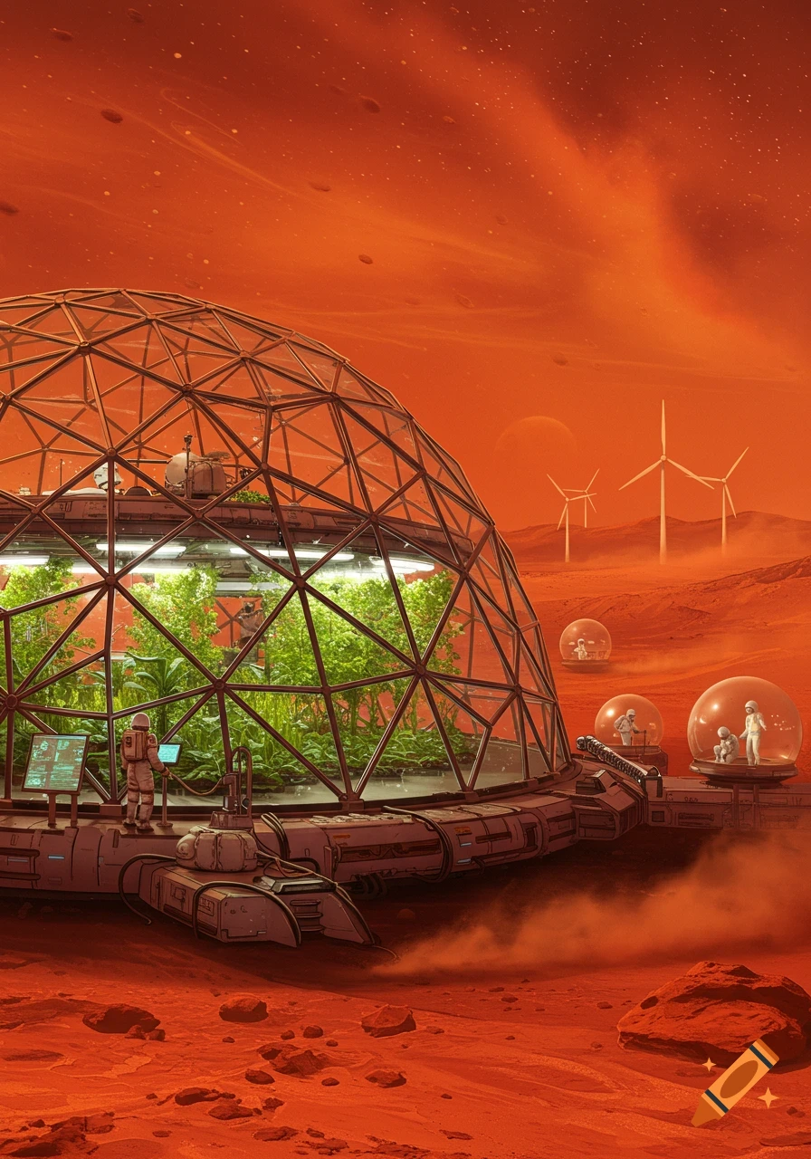 Astronauts explore a futuristic Martian colony with a large dome greenhouse, wind turbines, and small bubble habitats under an orange sky.