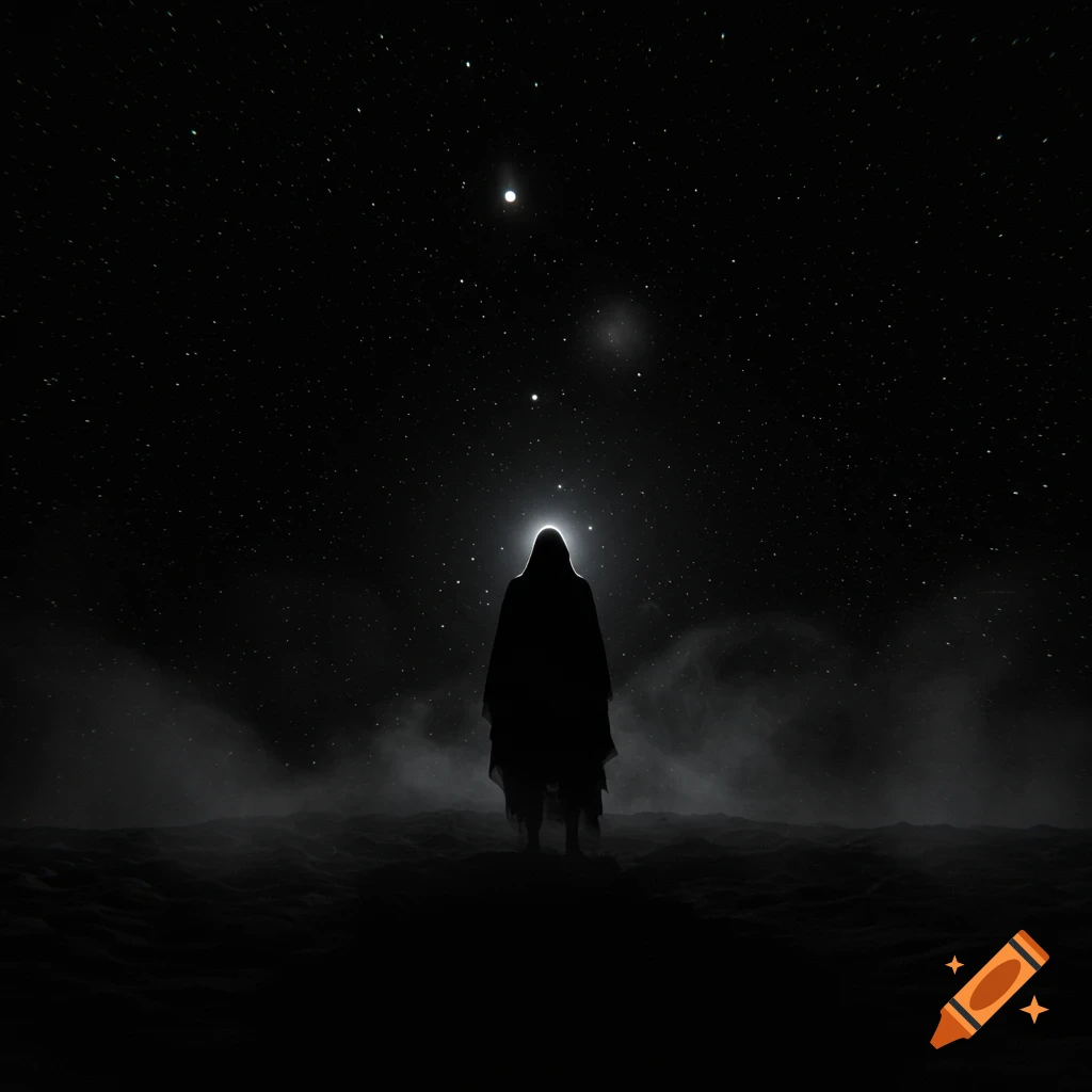 A dark hooded figure stands silhouetted against a vast starry night sky, with a halo of light around its head.