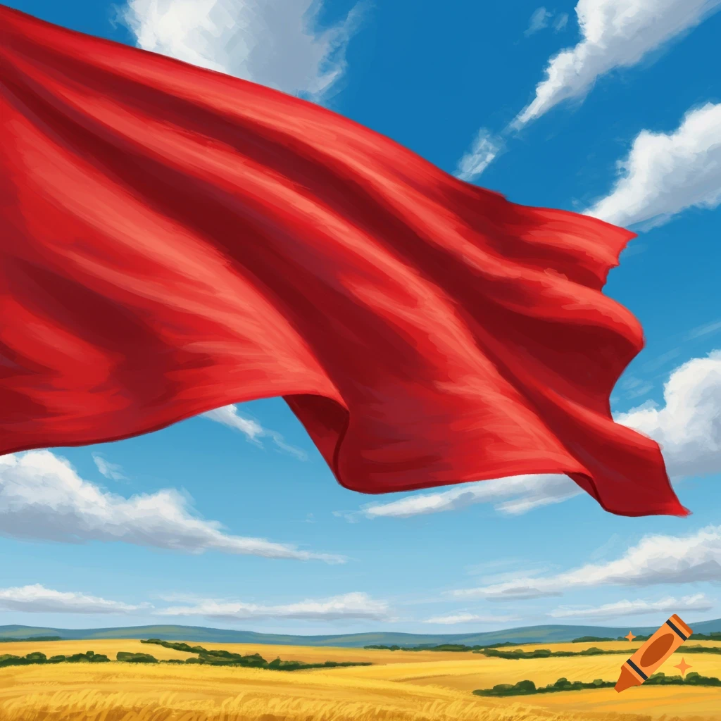 A large red flag billows across a bright blue sky with white clouds, over a golden field and green hills.