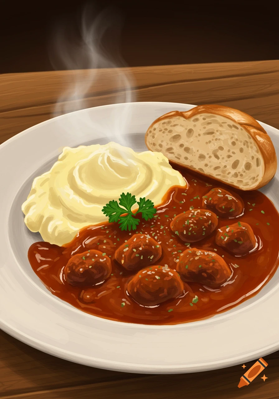Digital illustration of a hot meal with meatballs in a red sauce, fluffy mashed potatoes, and a slice of bread on a white plate.