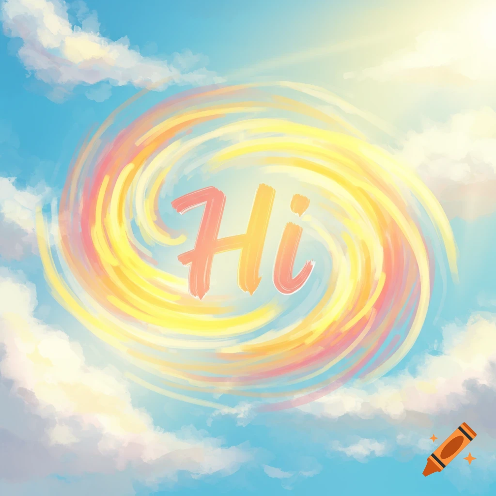 A vibrant, swirling yellow and orange vortex with the word 'Hi' in red, set against a bright blue sky with white clouds.