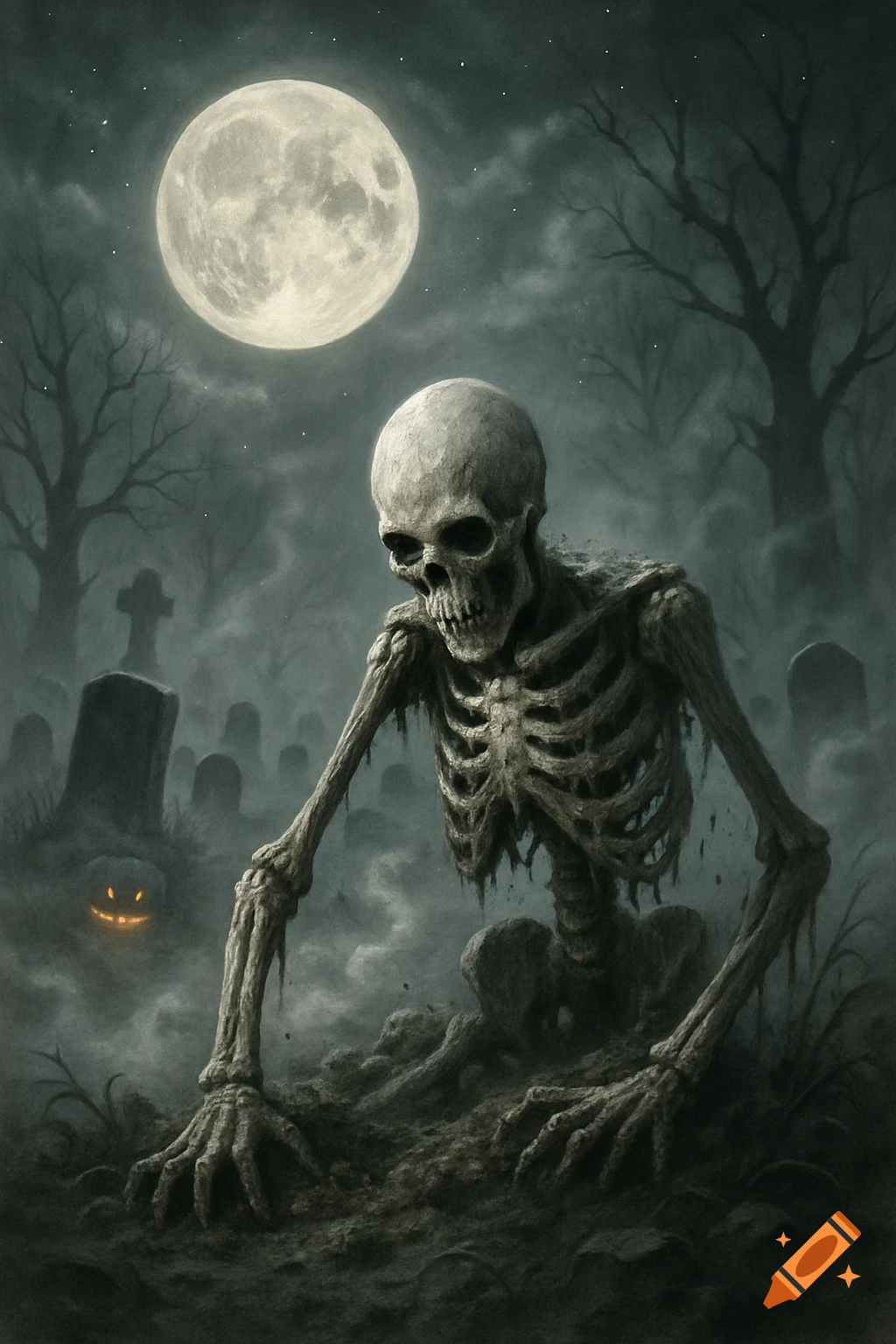 A creepy skeleton rises from a graveyard under a full moon, with tombstones and a glowing jack-o'-lantern.