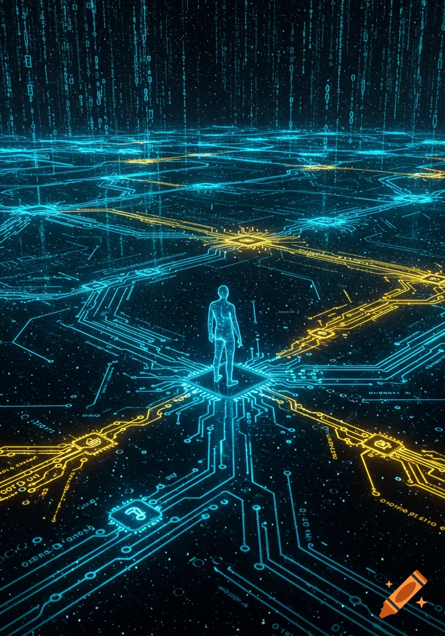 A glowing blue translucent human silhouette stands on a complex blue and yellow circuit board, surrounded by falling binary code and digital patterns on a dark background in a digital art style.