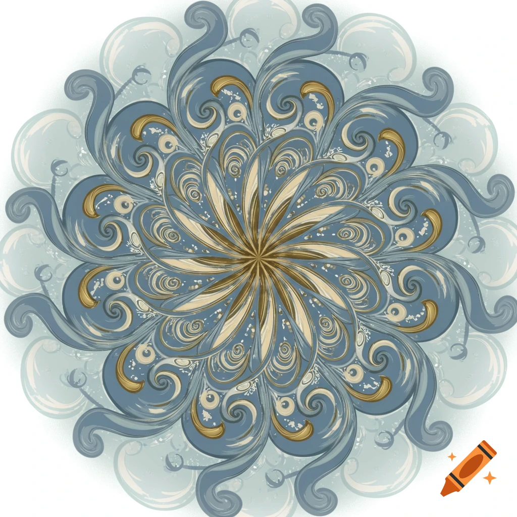 A circular mandala design with swirling blue, gold, and cream patterns on a light background.