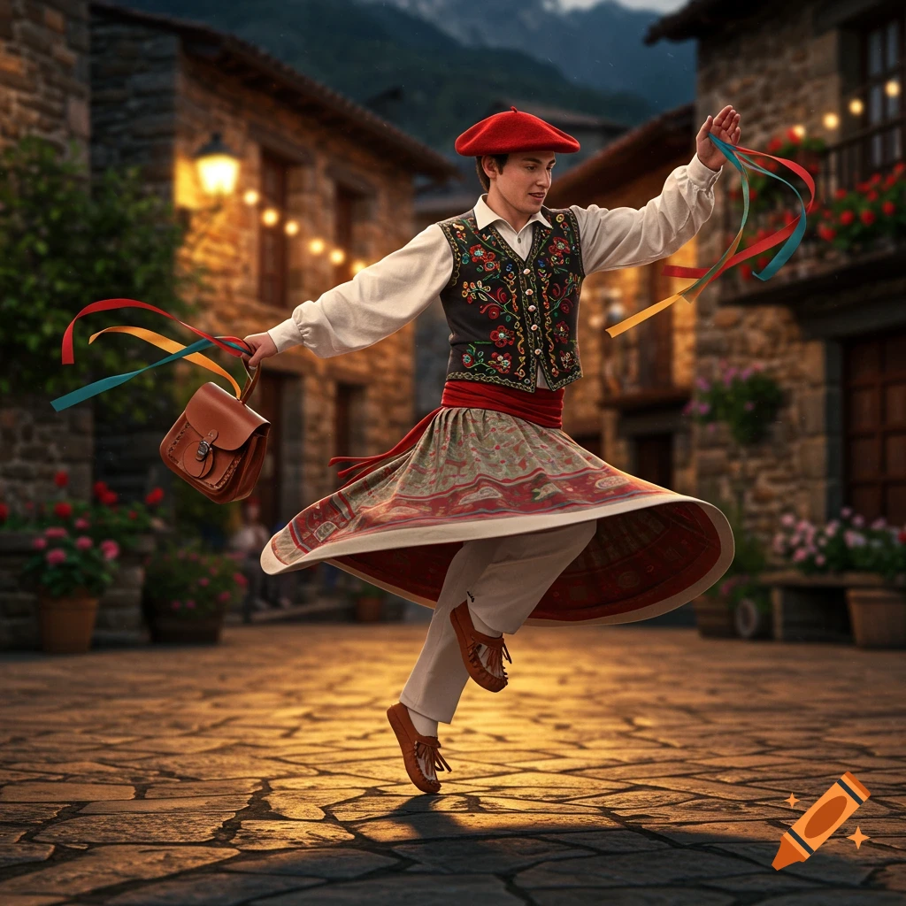 A male Basque dancer in traditional attire, including a red beret, vest, and skirt, jumps on a cobblestone street at night, holding colorful ribbons and a satchel.