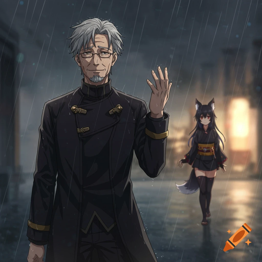 Anime style illustration of an older man waving goodbye in the rain, a small fox-eared woman walking away on a wet city street.