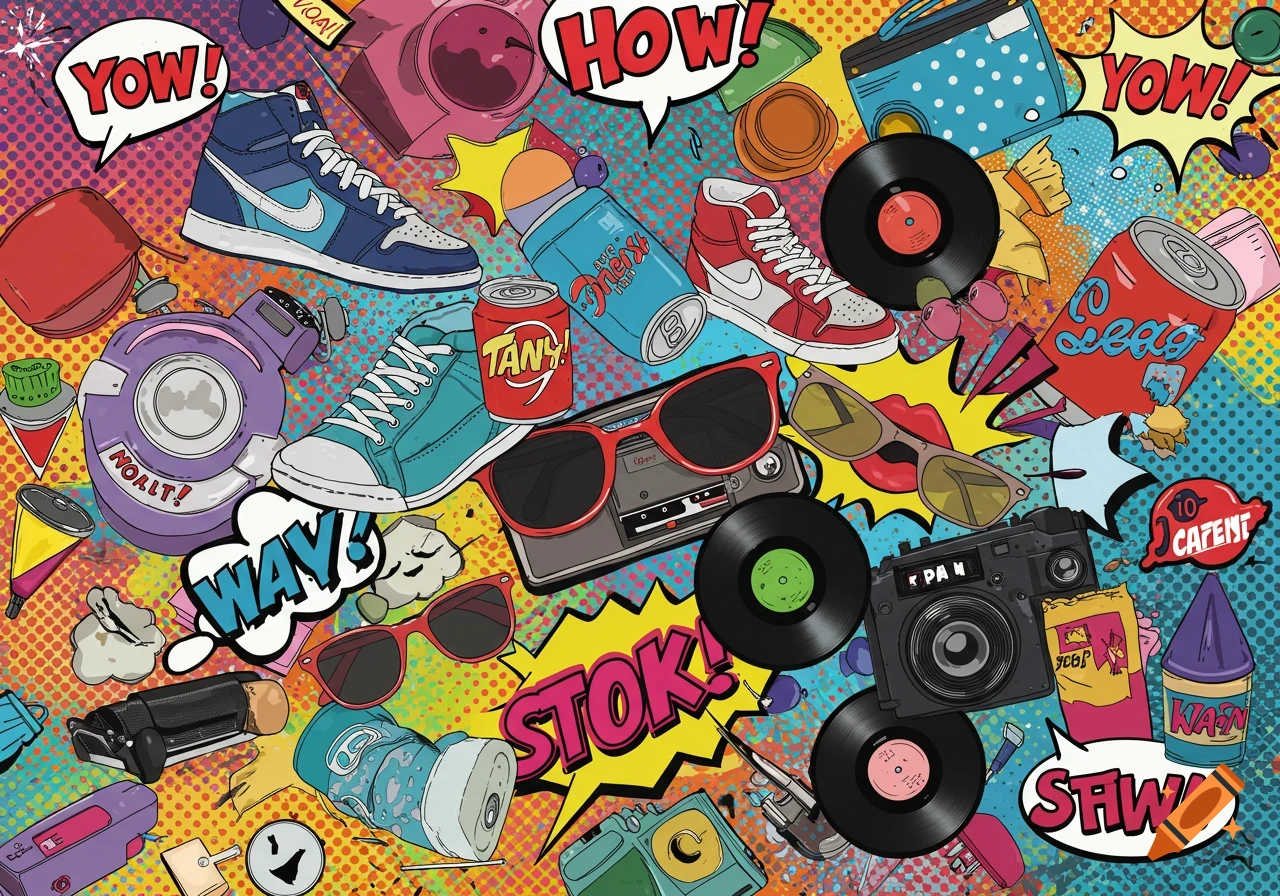 A vibrant pop art collage of everyday objects like sneakers, vinyl records, sunglasses, cameras, and soda cans on a colorful polka dot background with comic-style speech bubbles.
