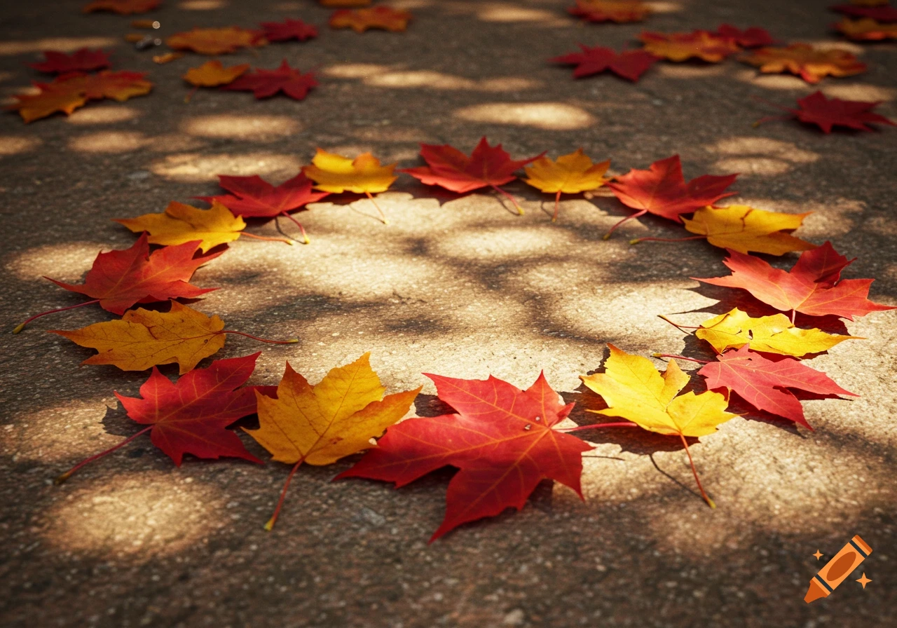 Red and yellow autumn leaves arranged in a circle on a concrete ground, illuminated by dappled sunlight and shadow.