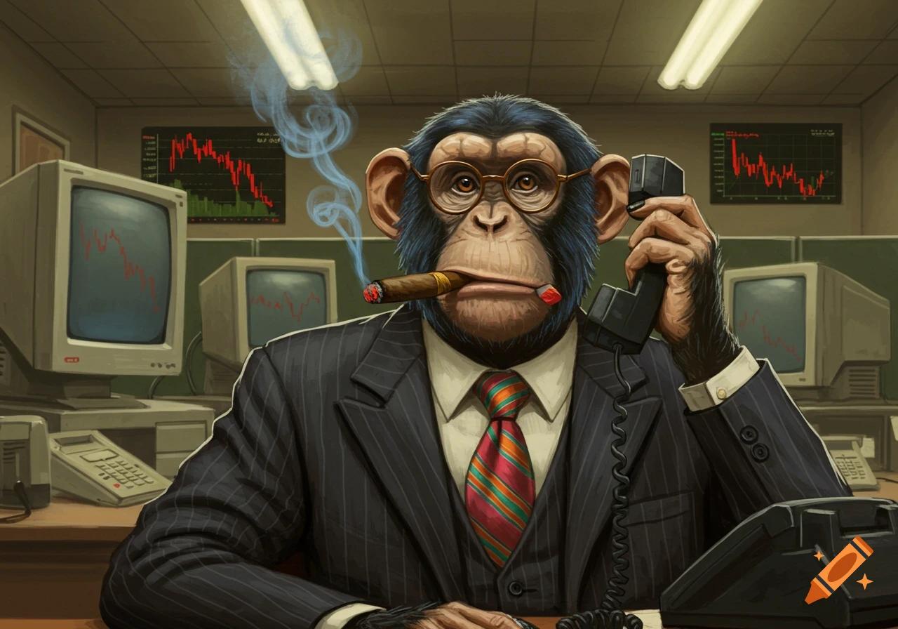 A chimpanzee in a pinstripe suit and glasses smokes a cigar and talks on a corded phone in a 90s office with falling stock charts on monitors.