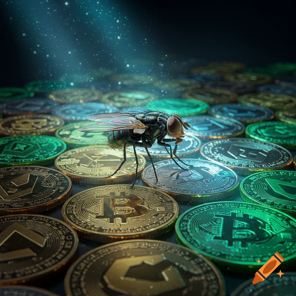 A housefly stands on a pile of shimmering golden and green cryptocurrency coins under a starry light.