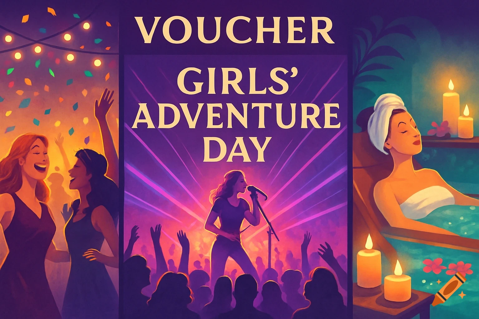 A stylized illustration in three panels: women at a party, a singer on stage with 'VOUCHER GIRLS' ADVENTURE DAY' text, and a woman relaxing at a spa.