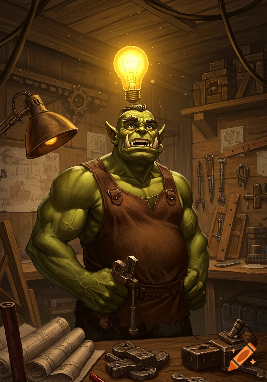 A muscular green orc in a workshop, looking up at a bright lightbulb above his head, symbolizing a new idea.