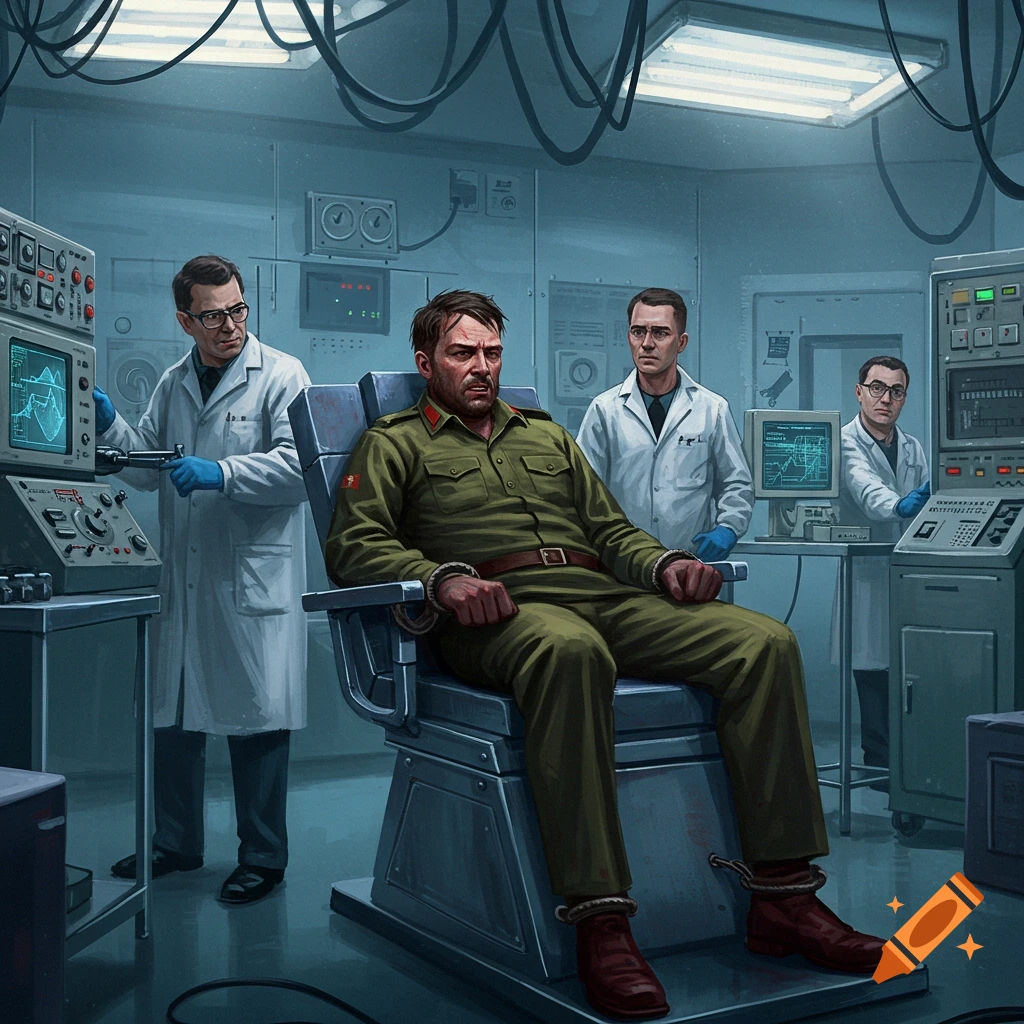 A man in a military uniform is restrained in a chair in a sterile science lab, surrounded by three scientists in lab coats.