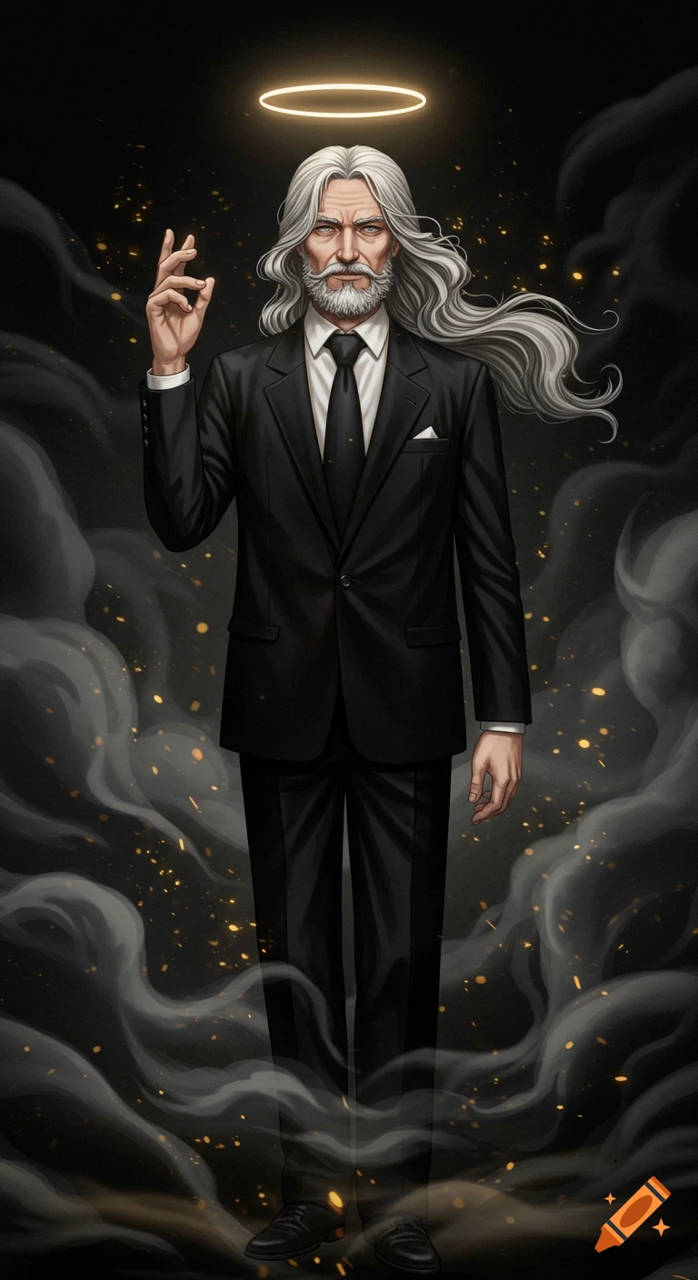 A digital illustration in semi-realistic anime style of a man with long white hair and beard in a black suit, with a halo, standing in smoke with golden sparks.