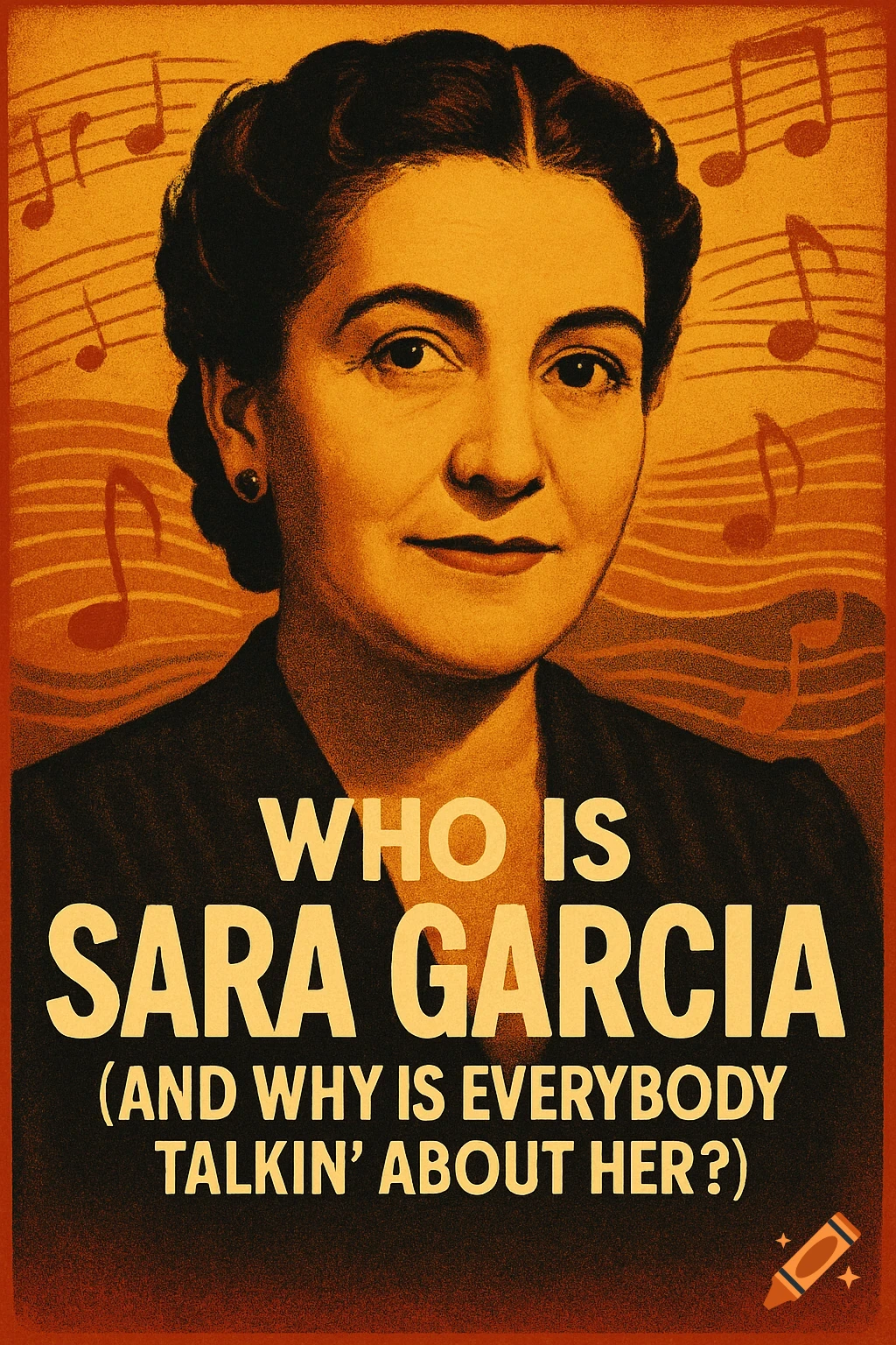 A vintage-style poster with a portrait of a woman, framed by musical notes, asking 'WHO IS SARA GARCIA (AND WHY IS EVERYBODY TALKIN' ABOUT HER?)'.