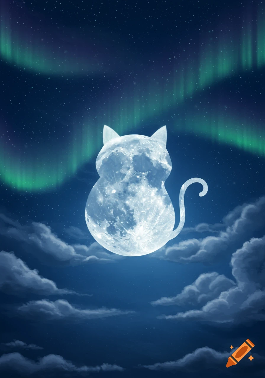 A luminous cat-shaped full moon glows in a starry night sky with green aurora borealis and soft clouds below.