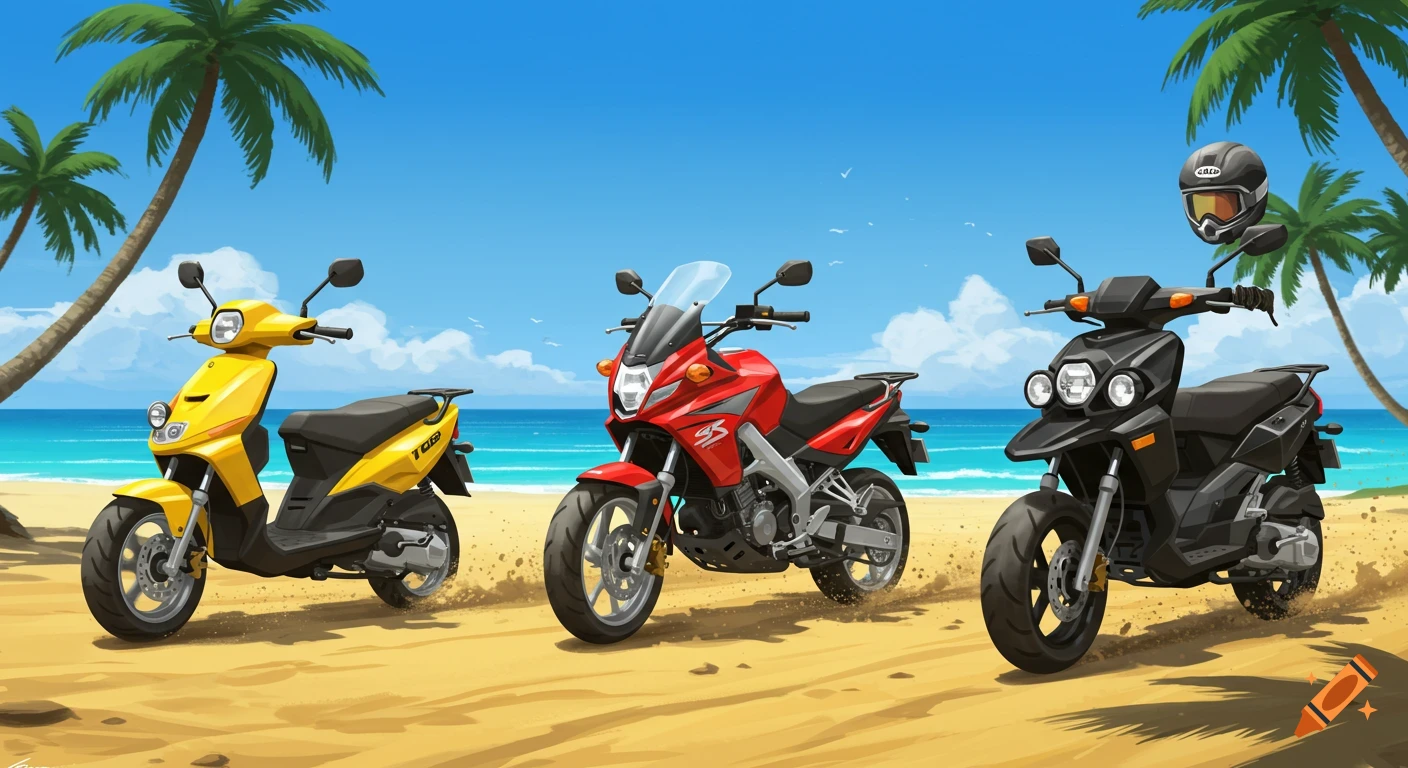 Three distinct scooters, yellow, red, and black, with knobby tires, on a sandy beach under a blue sky with palm trees and ocean in the background. Stylized illustration.
