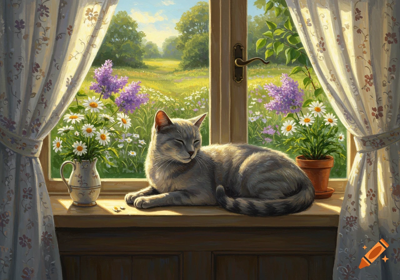 A grey cat sleeps on a sunlit windowsill, overlooking a vibrant spring landscape with wildflowers, framed by patterned curtains in a painted style.