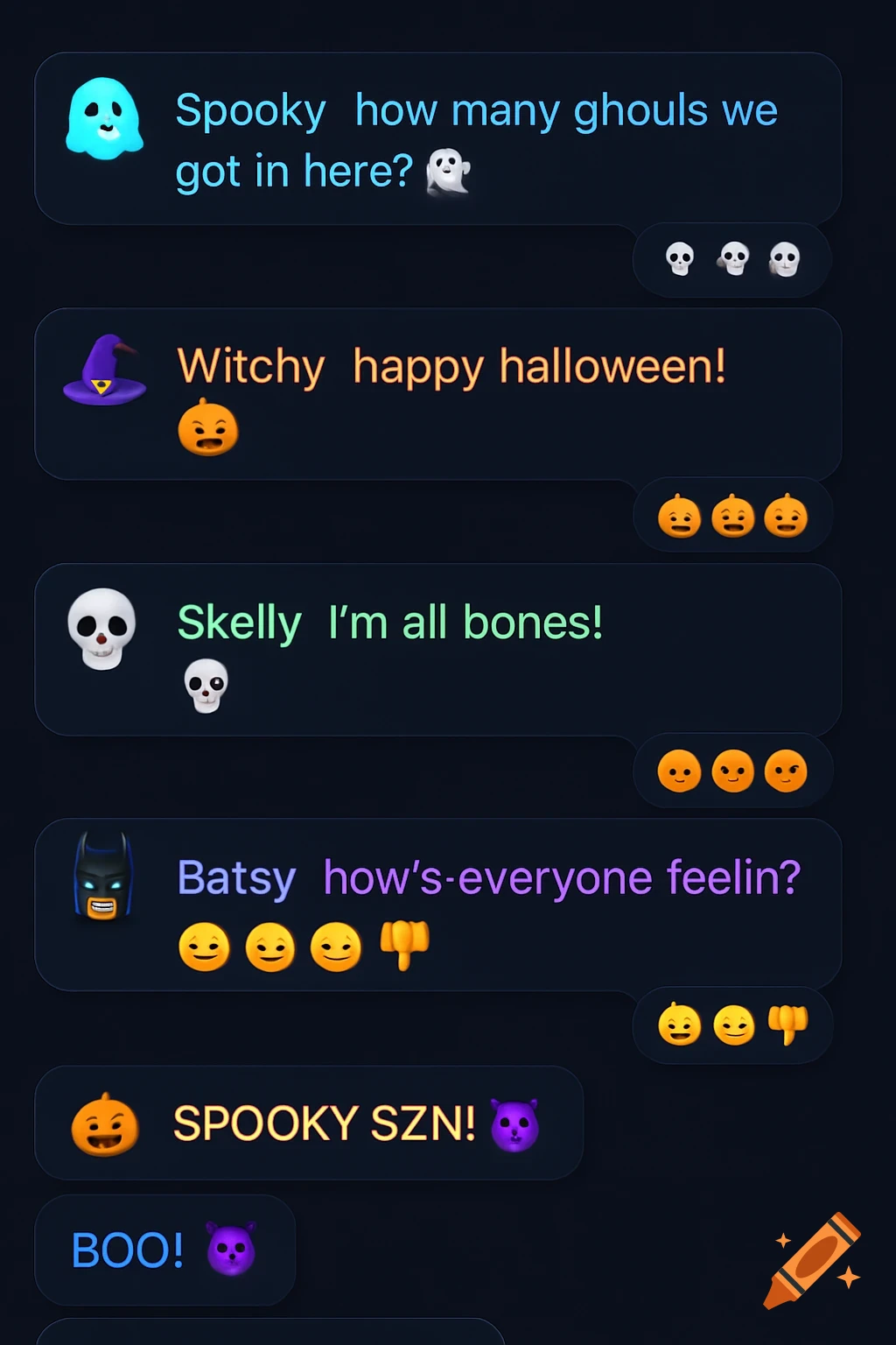 A chat interface displaying Halloween-themed messages with emojis, including 'Spooky how many ghouls we got in here?' and 'Witchy happy halloween!'