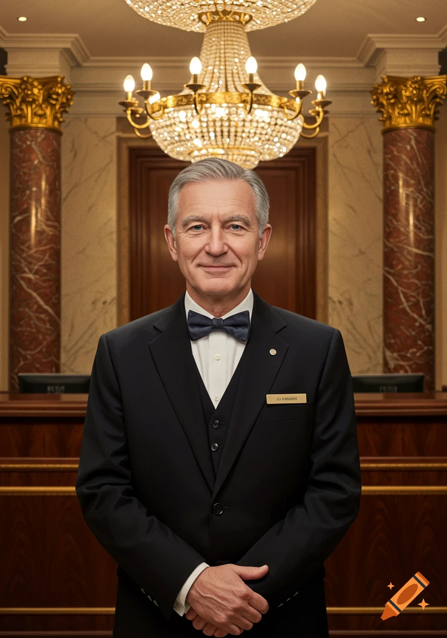A photorealistic portrait of an older man with grey hair, wearing a black suit and bow tie, standing in a grand hotel lobby.