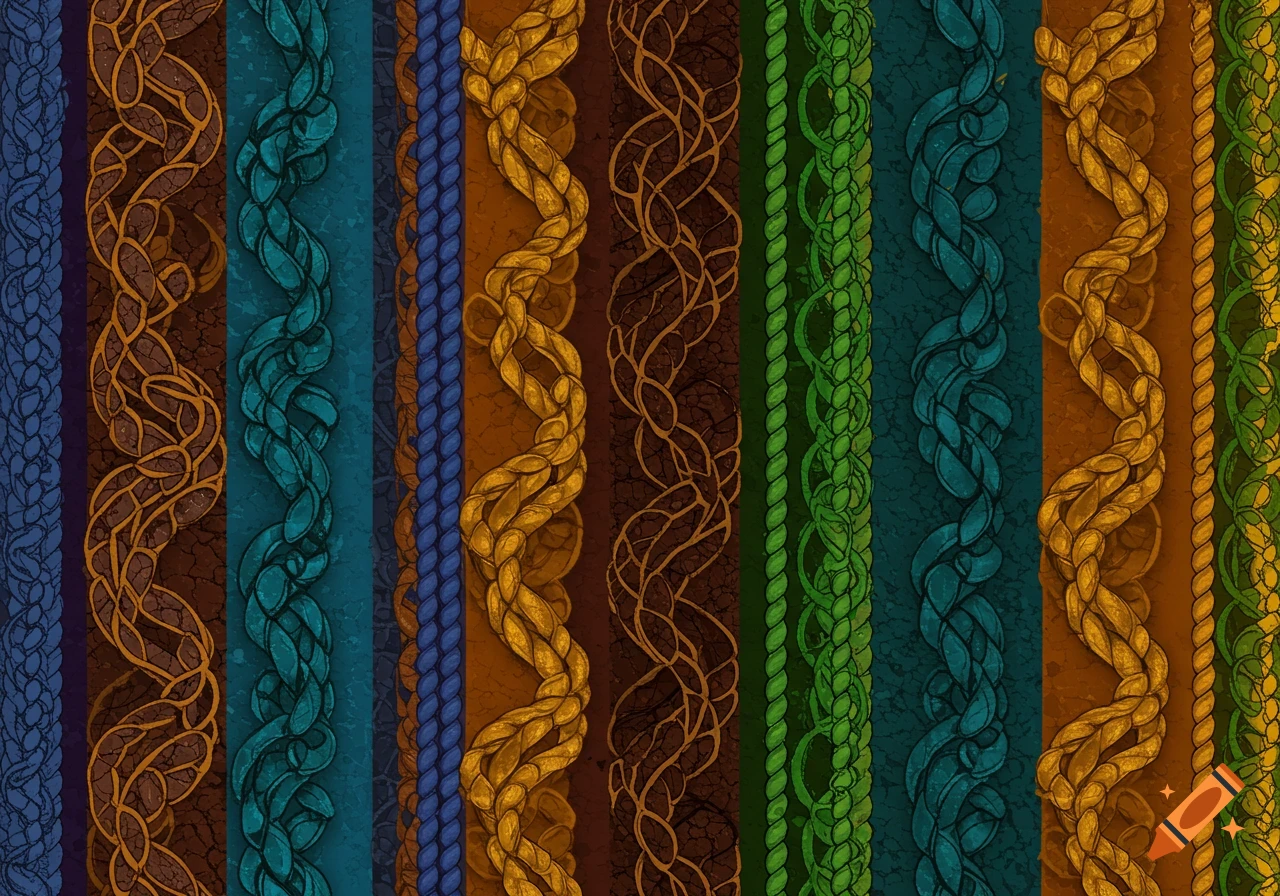 A seamless pattern of vertical, colorful ropes with intricate knots and textures.