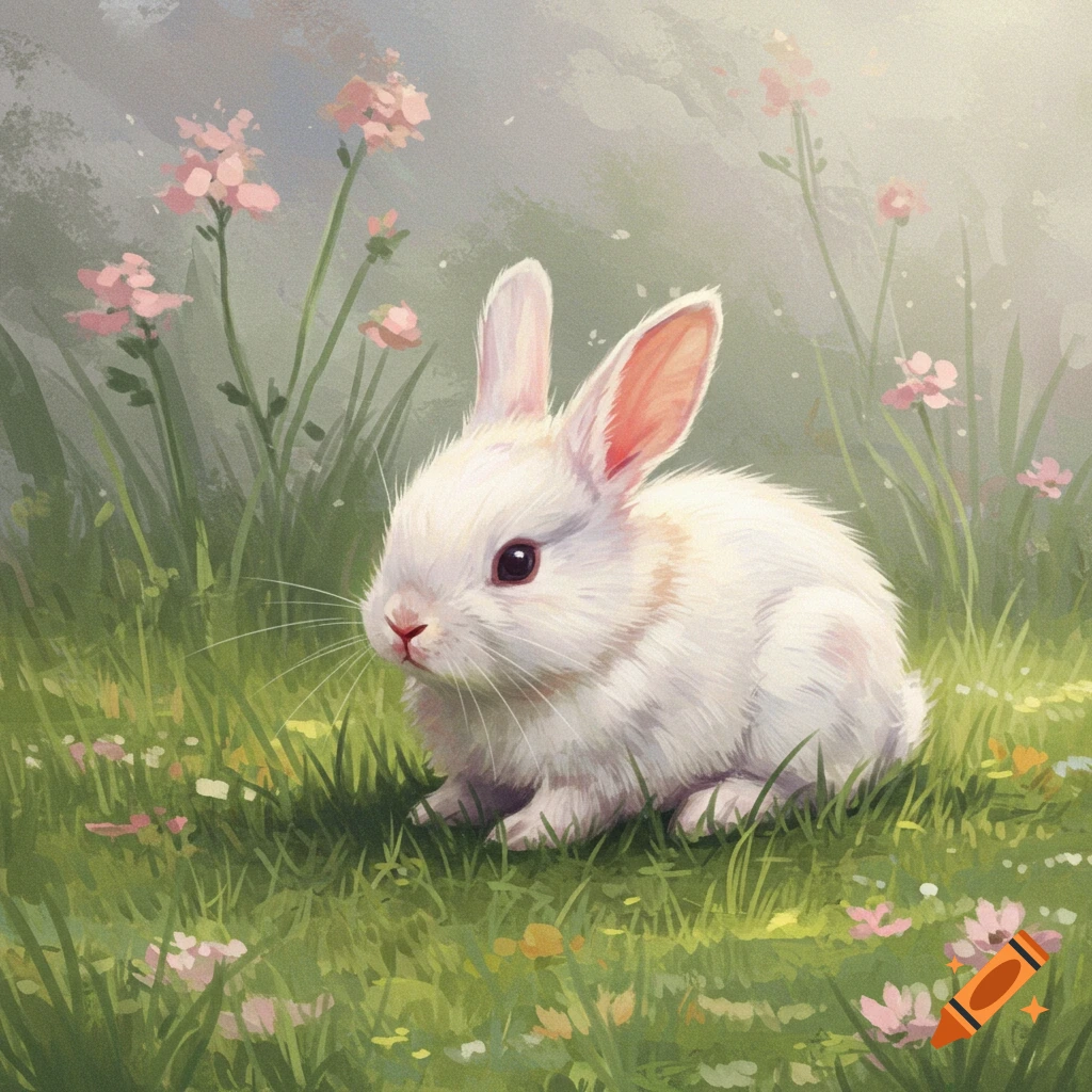 A fluffy white baby bunny with pink ears and dark eyes sits in a field of green grass with small pink flowers, in a soft, painterly style.