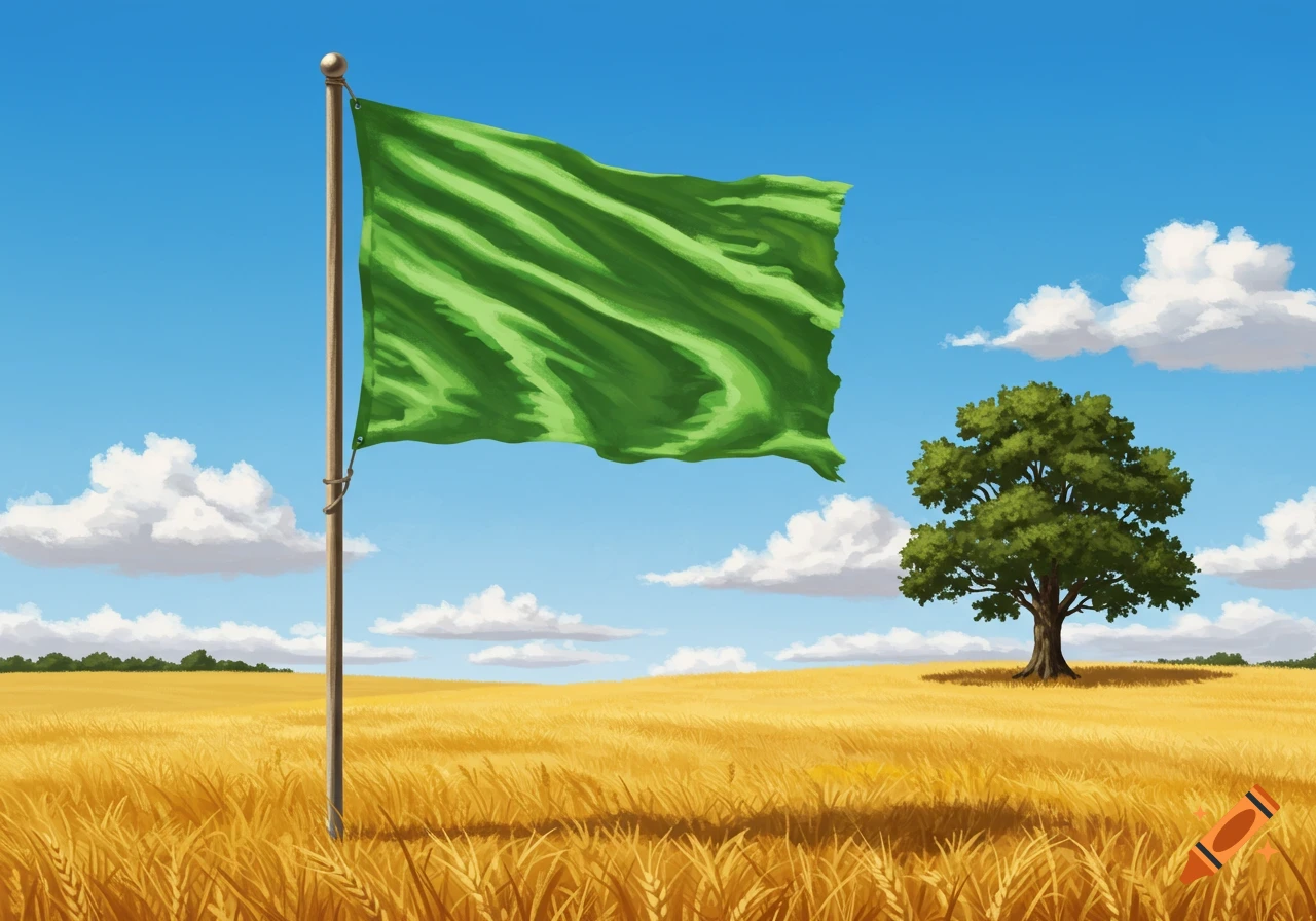 A green flag flies on a pole in a golden wheat field under a blue sky, with a large tree in the distance, in an illustrative style.