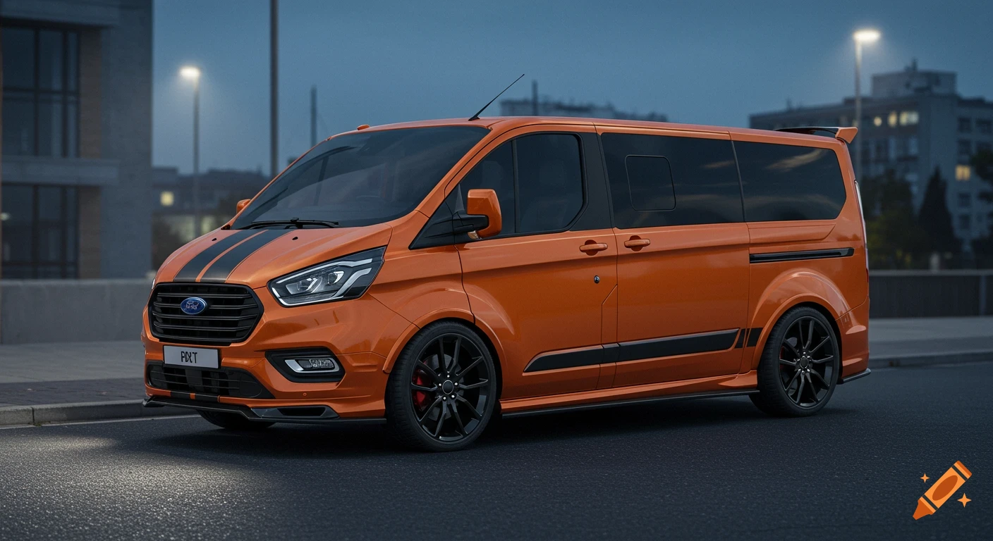 Orange Ford Tourneo Custom van with black racing stripes and tinted windows, parked on an asphalt road at dusk.