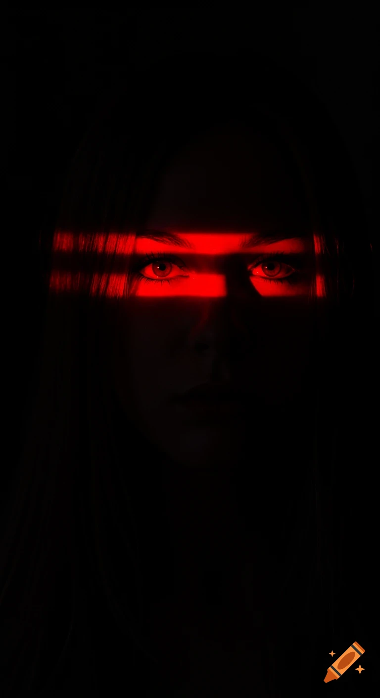 High-contrast close-up portrait with a red light band illuminating only the eyes and nose bridge, face shrouded in deep shadow.
