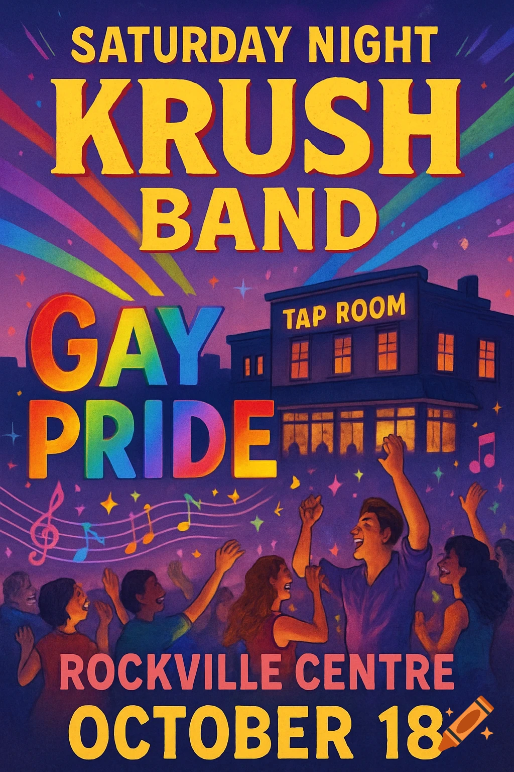 Colorful event flyer for Saturday Night Krush Band Gay Pride at a tap room, with people dancing and musical notes.