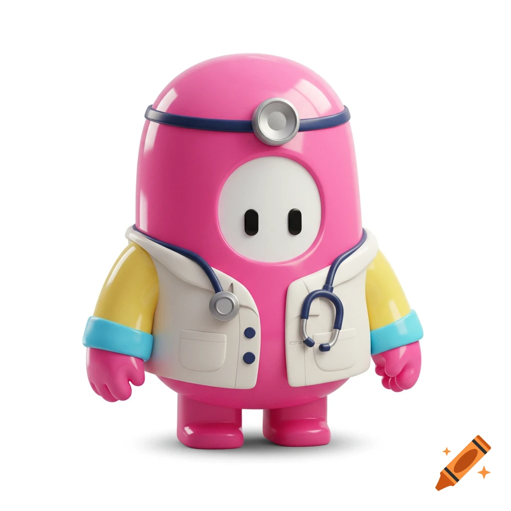 A pink, jelly bean-shaped Fall Guys character dressed as a doctor with a stethoscope and head mirror, against a white background.
