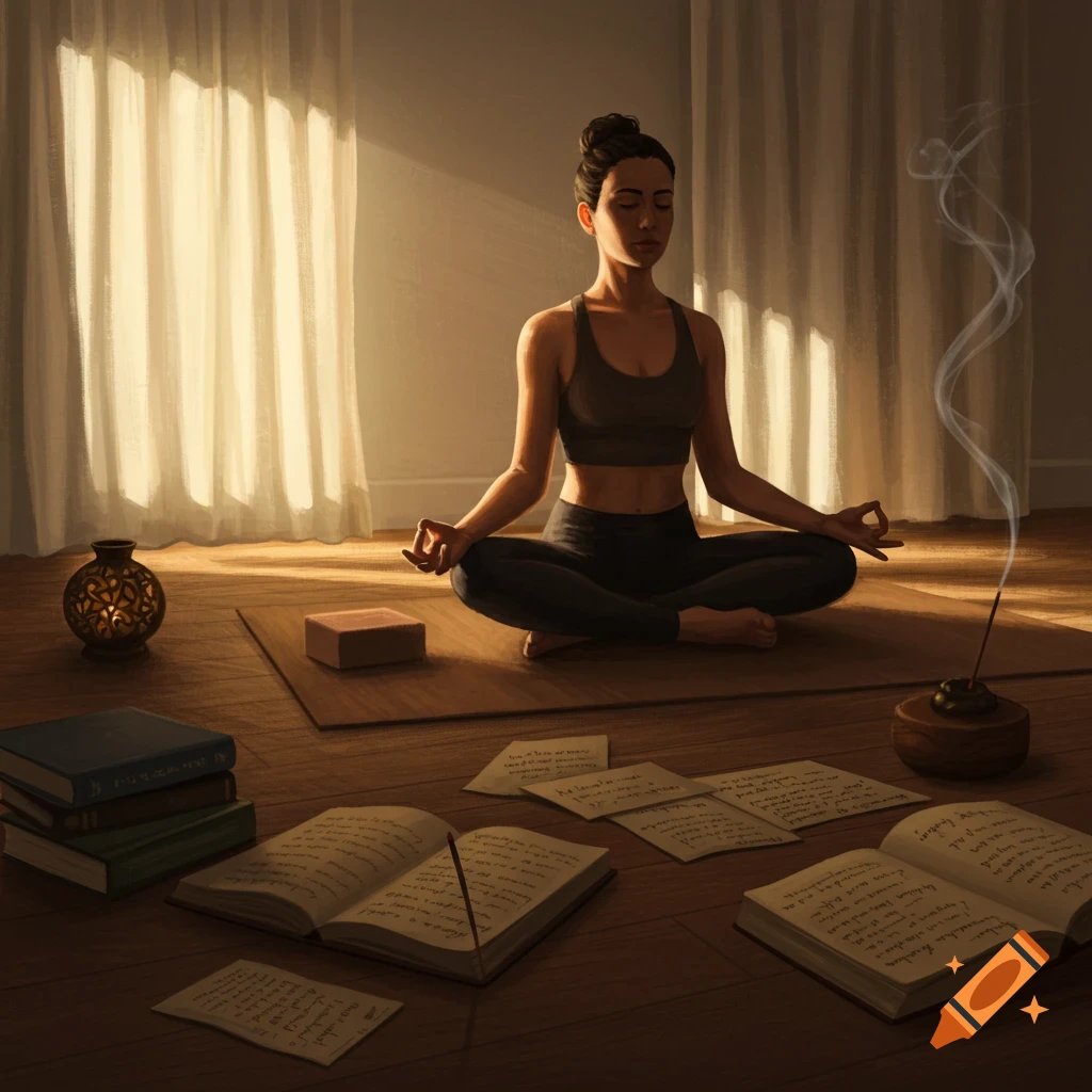 A woman meditates in a yoga pose on a mat in a sunlit room, surrounded by books and burning incense.