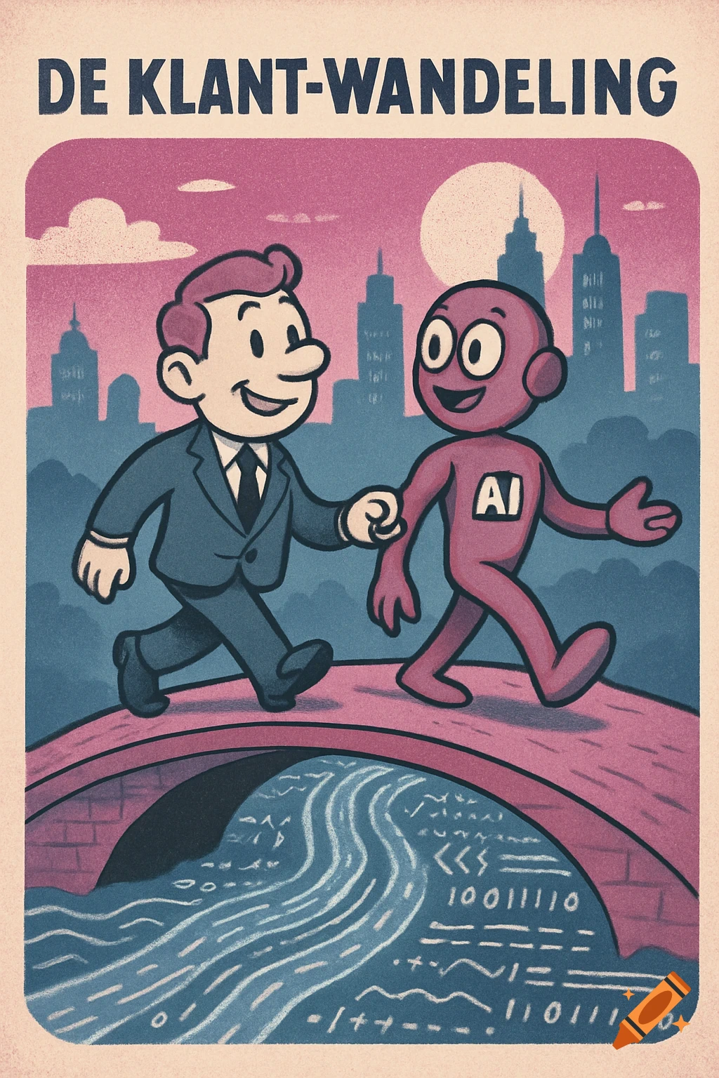 Cartoon businessman and red AI robot walk hand-in-hand on a bridge above a digital river, with a city skyline in the background.
