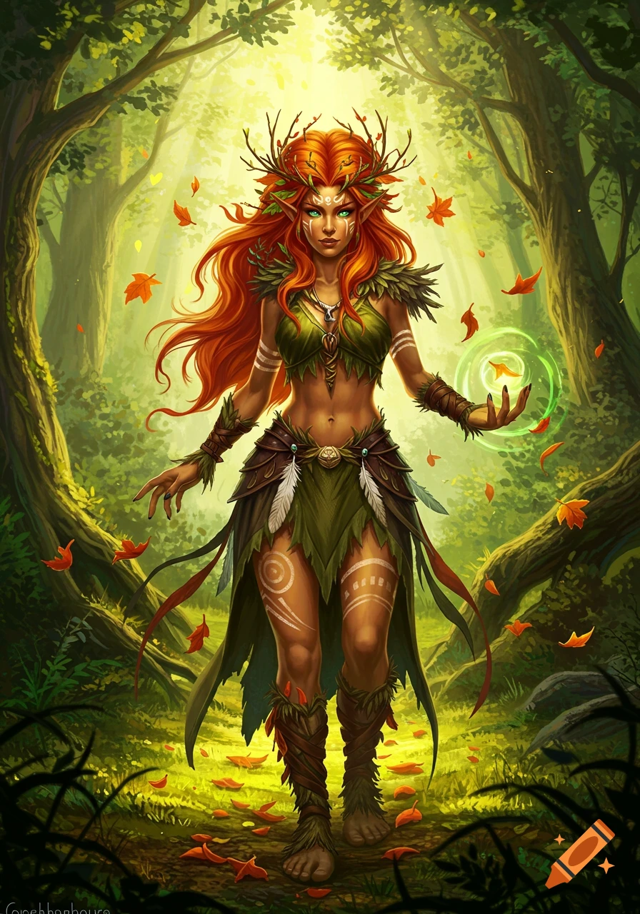 A red-haired female wood elf druid with tribal markings and leafy attire stands in a sunlit forest, conjuring green magic.