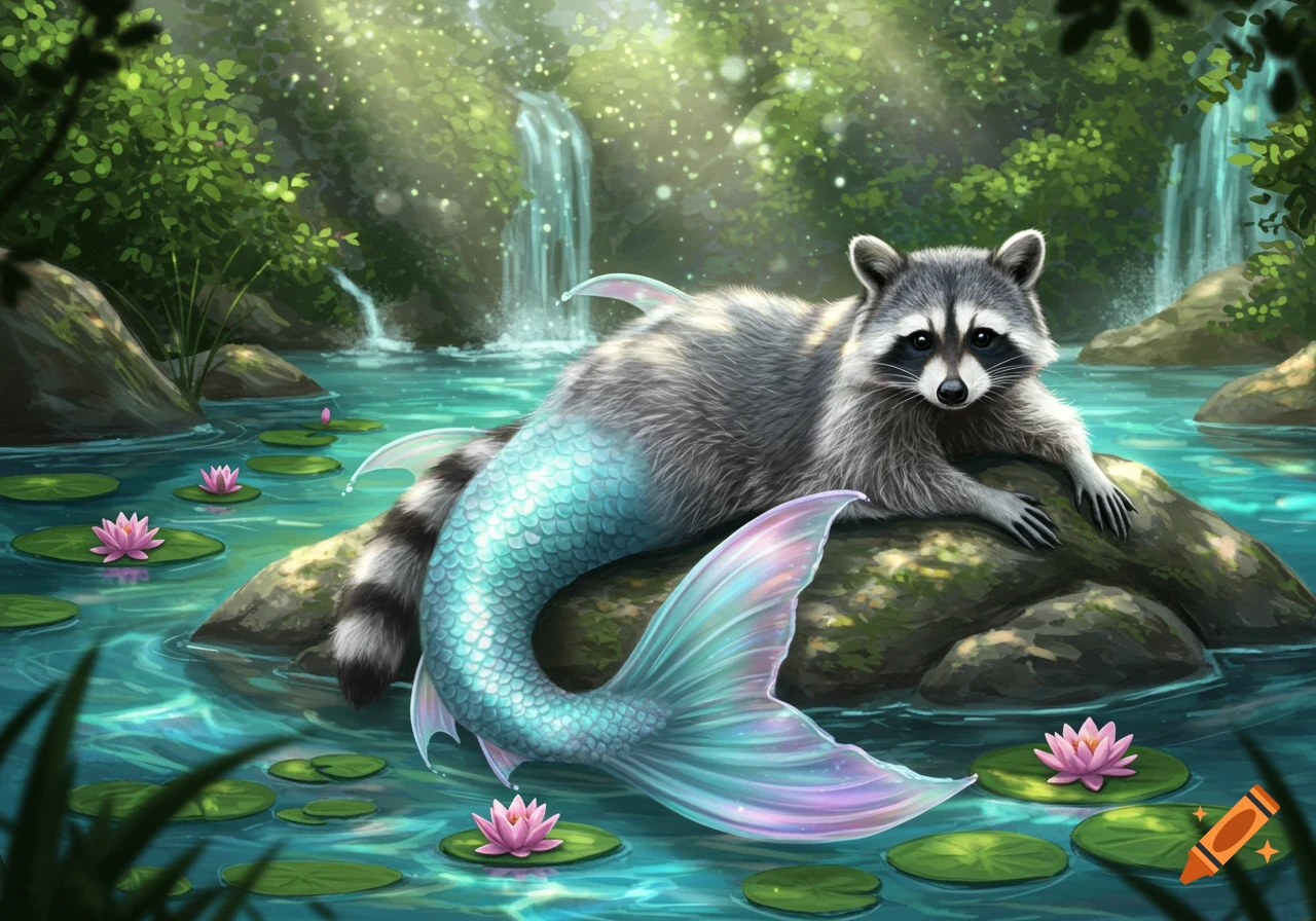 A raccoon with a shimmering mermaid tail rests on a mossy rock in a magical pond with water lilies and waterfalls.