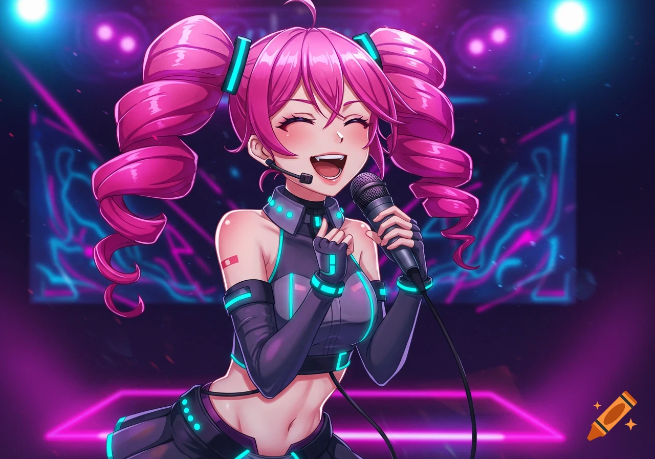 Anime-style pink-haired girl in a futuristic outfit singing into a microphone on a neon-lit stage.
