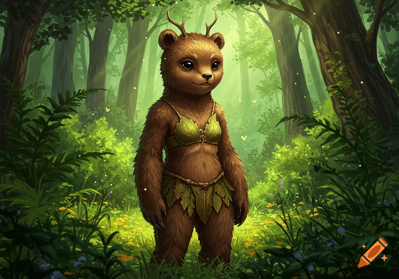 A cute, furry bear-like creature with small antlers, big black eyes, and brown fur stands in a vibrant green forest, wearing a leaf bra and skirt.