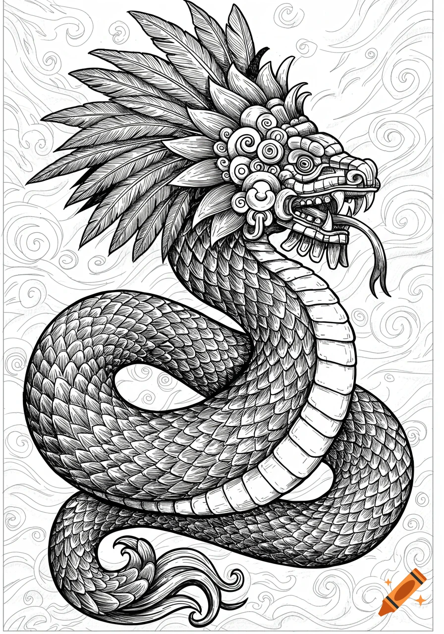 A detailed black and white illustration of a coiled Quetzalcoatl, the feathered serpent, in a traditional Mexican engraving style.