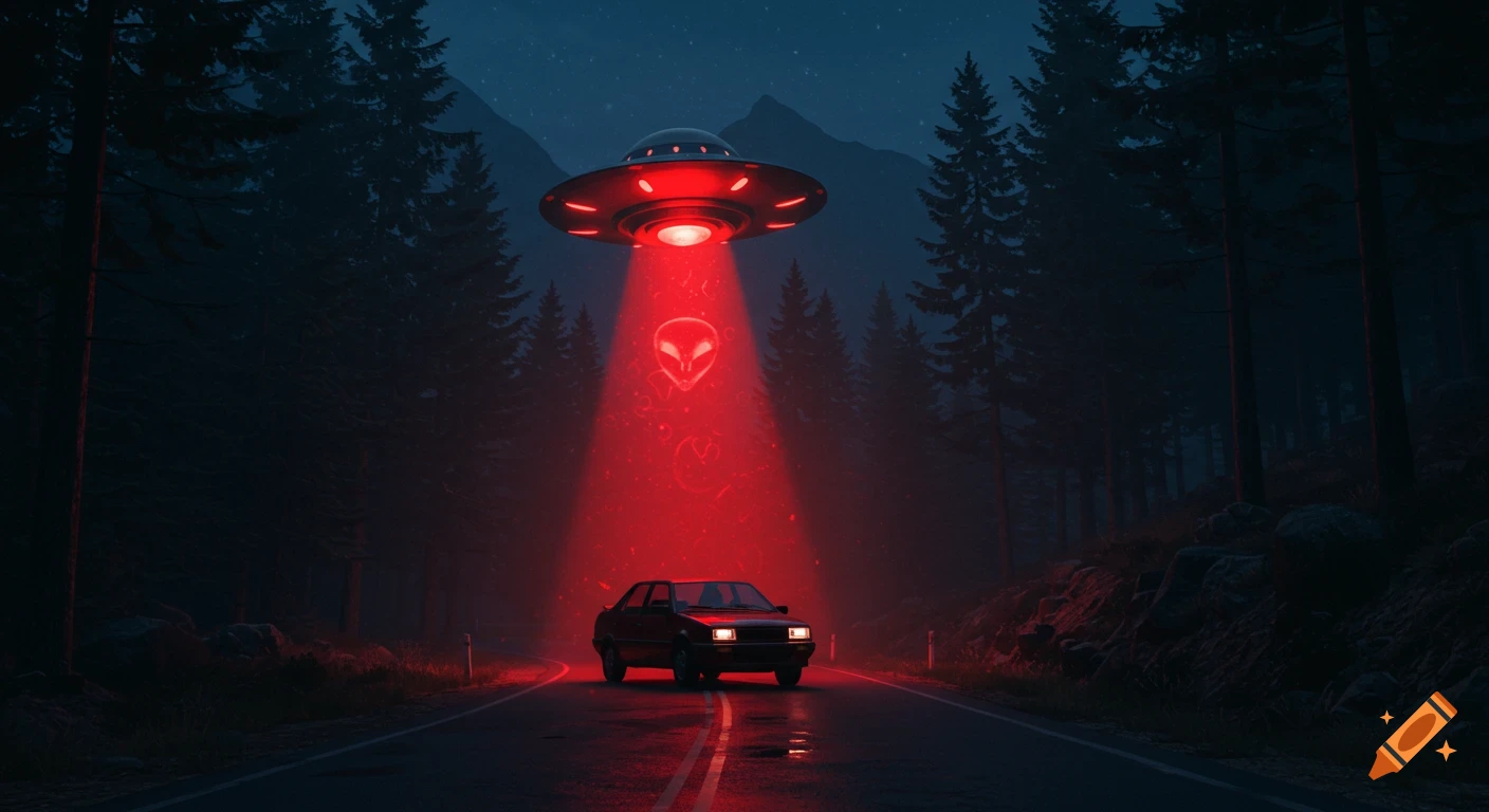 A retro car on a dark, wet mountain road illuminated by a bright red beam from a hovering UFO with an alien head symbol, surrounded by dense pine trees at night.