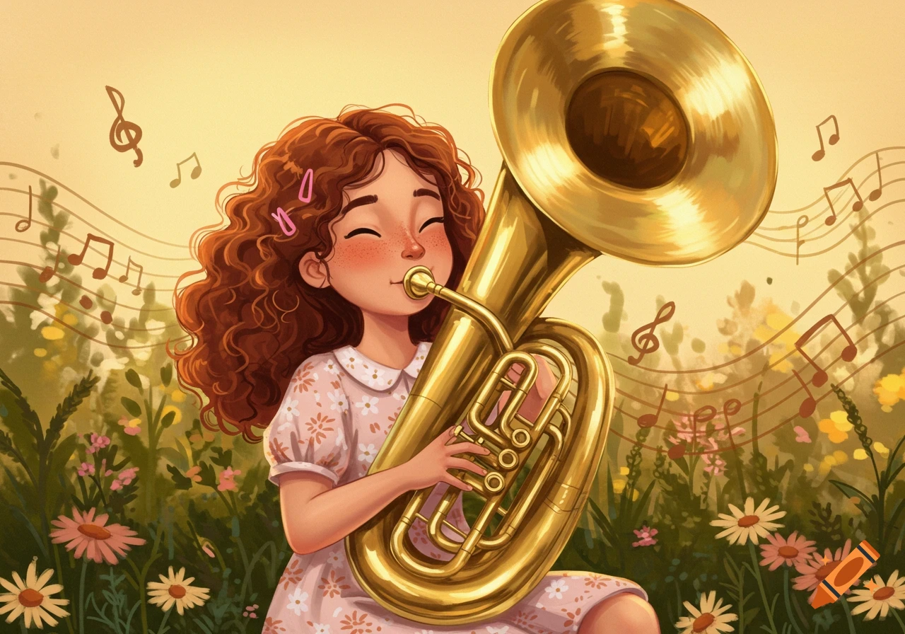 Whimsical illustration of a young girl with curly hair playing a golden tuba in a sunny flower field, with musical notes.