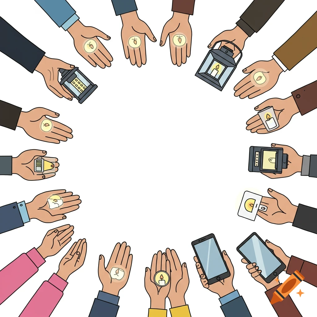 Top-down line art illustration of multiple hands forming a circle, holding various light sources like candles, lanterns, and smartphones.